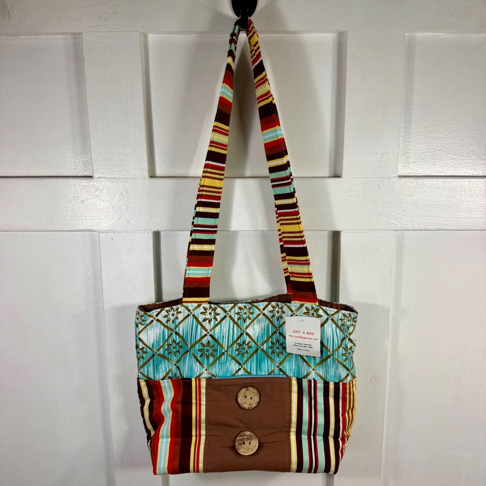 Just A Bag Creations Unlimited Tote Floral Stripe Multi Pattern Wood Button NEW